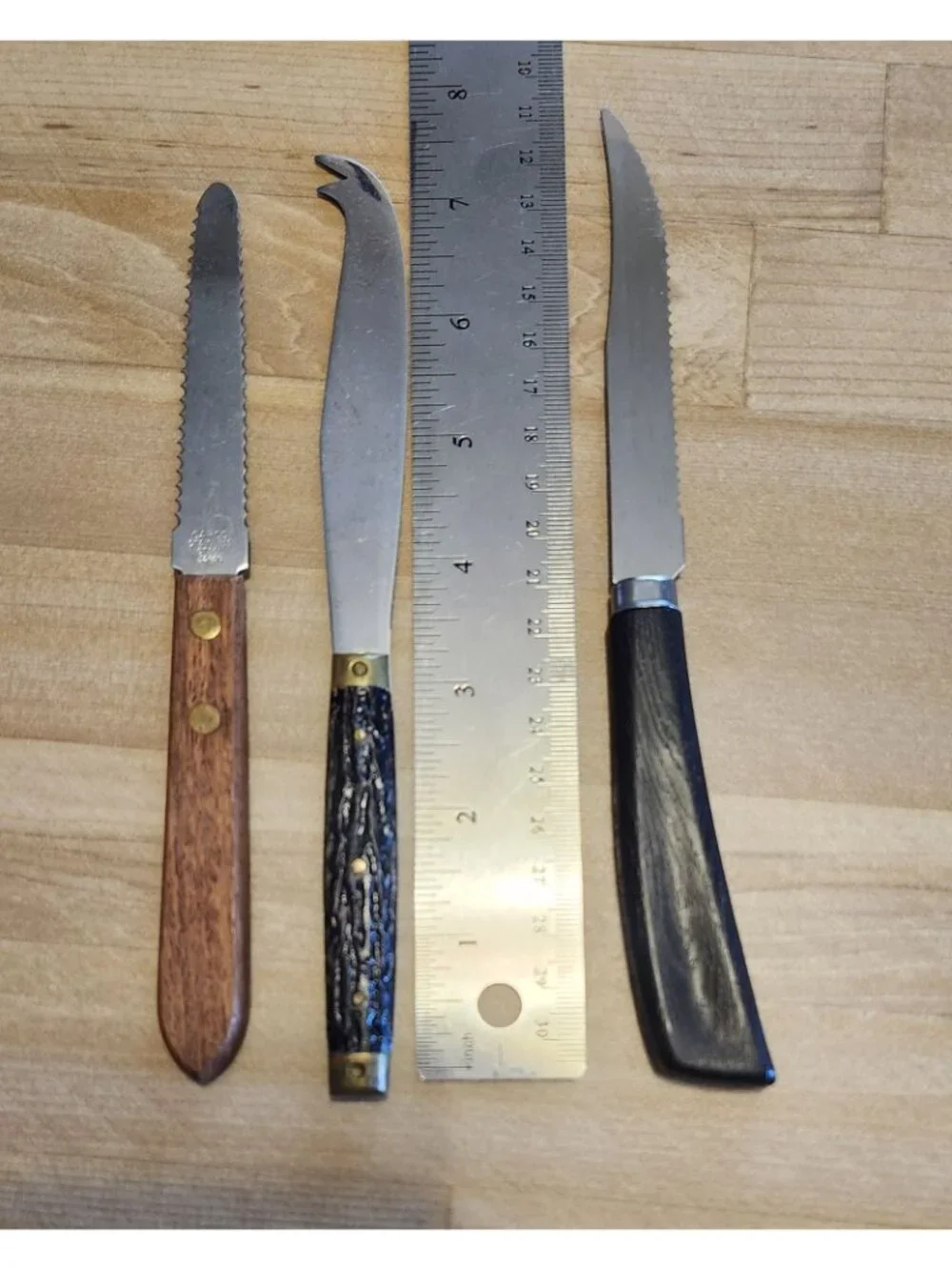 Lot of 3 Vintage Serrated Knives Quikut, Wood Handle, Antler Cheese Knife